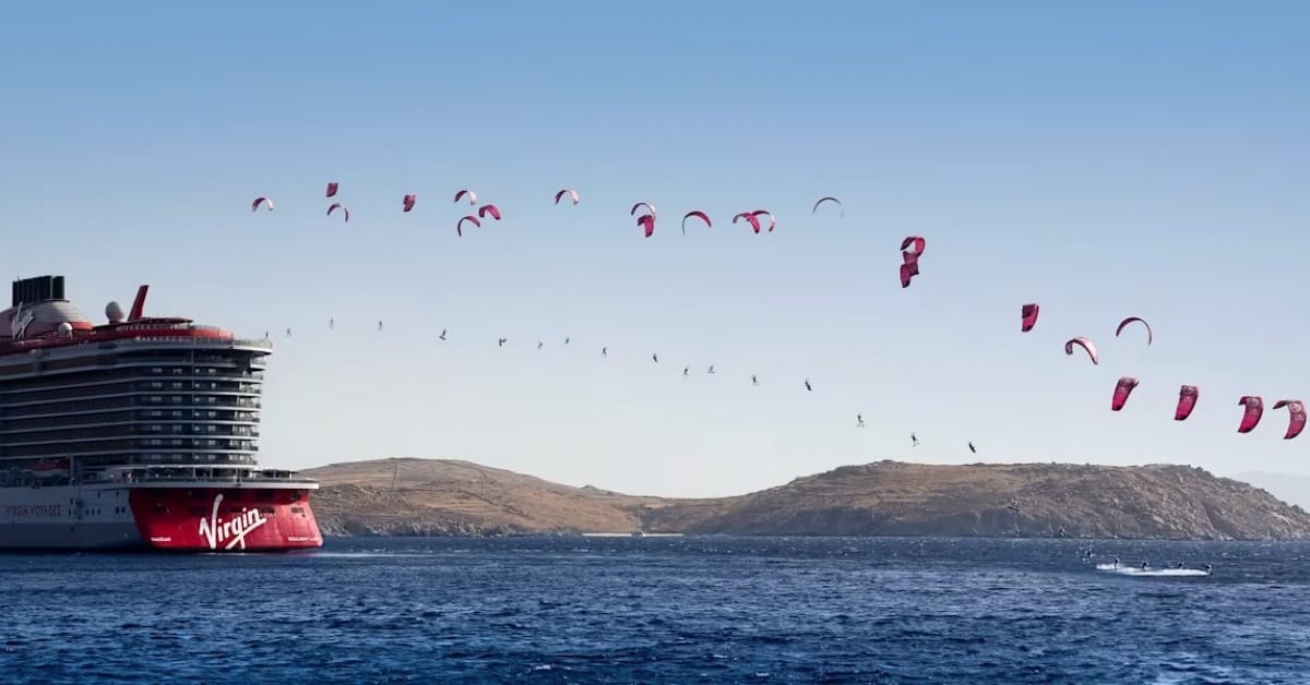 Tom Bridge kitesurfs off Virgin ship, 129 feet high